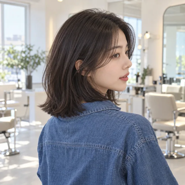 어깨 주변 길이에 얼굴 옆 층과 가벼운 끝 질감을 남긴 여성 헤어스타일 예시