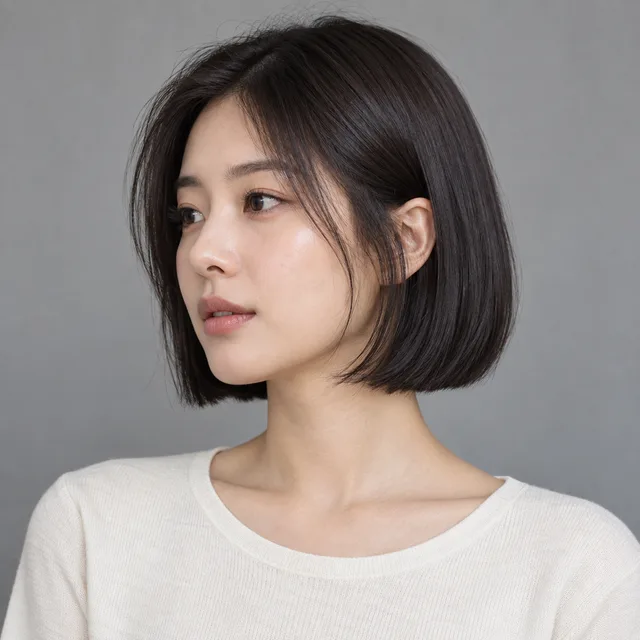 턱선 주변에서 끝나는 검은 단발과 드러난 목선의 여성 헤어스타일 예시