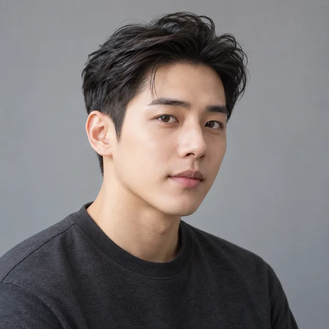 짧은 옆머리와 이마를 드러내며 위로 넘긴 앞머리의 남성 헤어스타일 예시