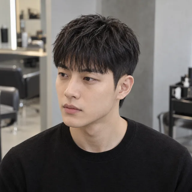 앞머리를 내리고 귀 주변 옆선을 짧게 정돈한 남성 헤어스타일 예시