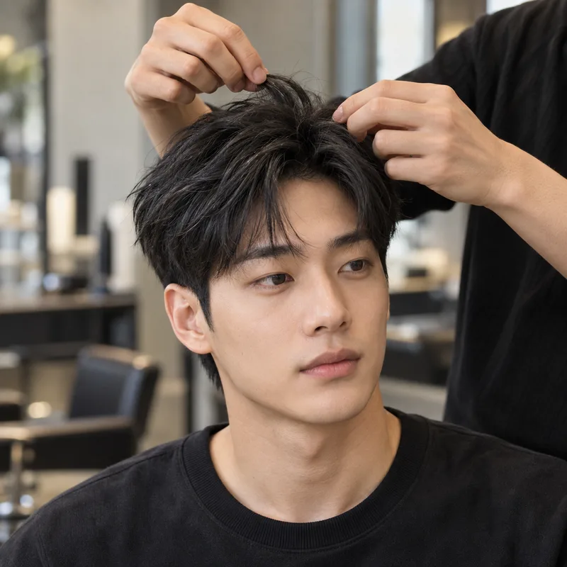 손끝으로 짧은 머리 윗부분의 가닥을 정리하는 스타일링 예시
