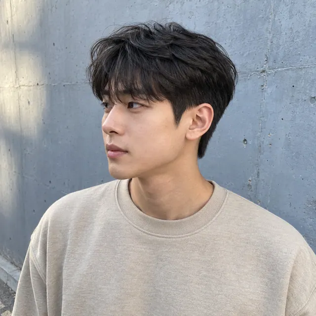 부산대 윗머리 결을 살리고 옆선을 정돈한 남성 쉐도우 커트와 다운펌