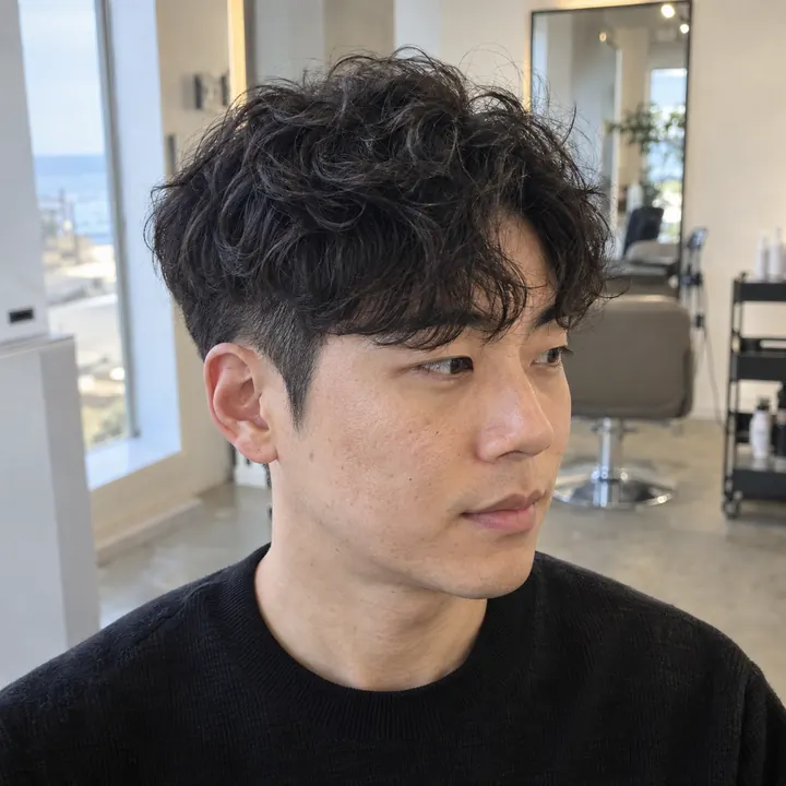 자연 곱슬은 윗머리에 남기고 옆선을 정리한 남성 소프트 크롭