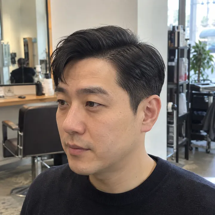 짧은 윗머리에 자연스러운 가르마와 단정한 옆선을 만든 남성 커트