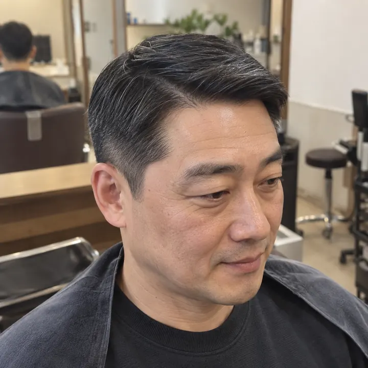짧은 가르마 윗머리와 자연스러운 옆선의 중년 남성 아이비리그컷