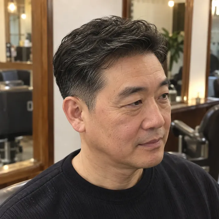 앞머리를 낮게 세우고 관자놀이 새치를 남긴 중년 남성 소프트 리젠트컷