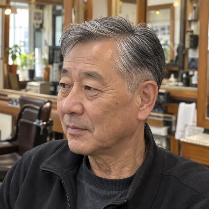 검은색과 회색이 자연스럽게 섞인 시니어 남성 사이드파트 커트