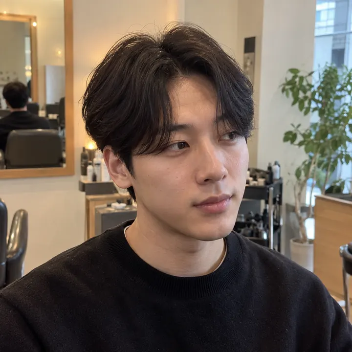 가운데 가르마와 느슨한 앞머리 흐름을 살린 남성 센터파트 커트