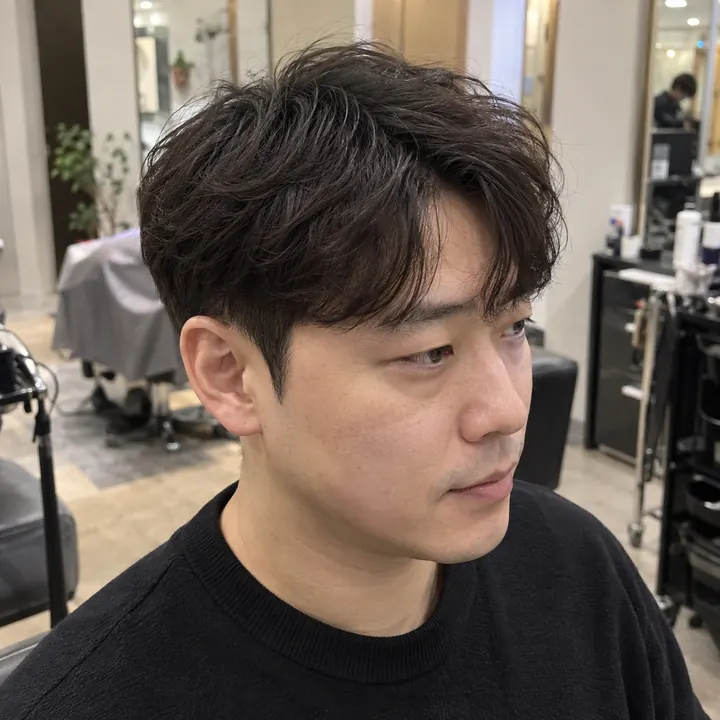 윗머리의 느슨한 곡선과 차분한 옆선을 살린 남성 쉐도우 텍스처컷