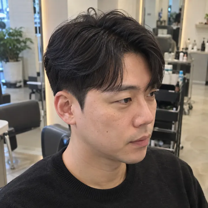 가벼운 곡선 앞머리와 눌린 옆머리를 살린 남성 사이드다운 댄디컷