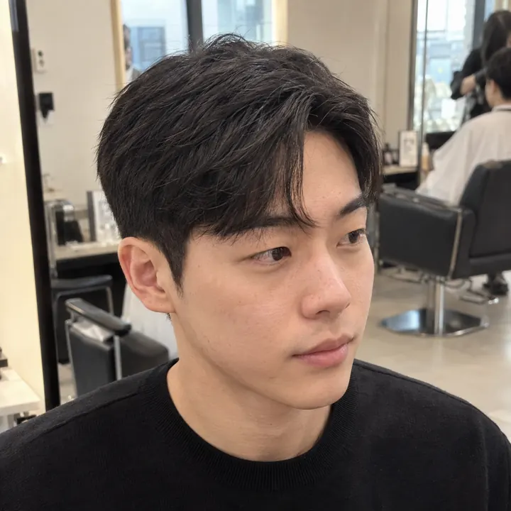 한 가닥 콤마 앞머리와 짧은 윗머리를 살린 대학생 남성 커트