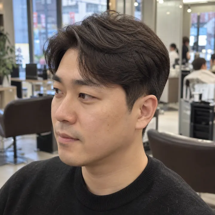 가벼운 가르마와 차분한 옆선을 살린 남성 내추럴 댄디컷
