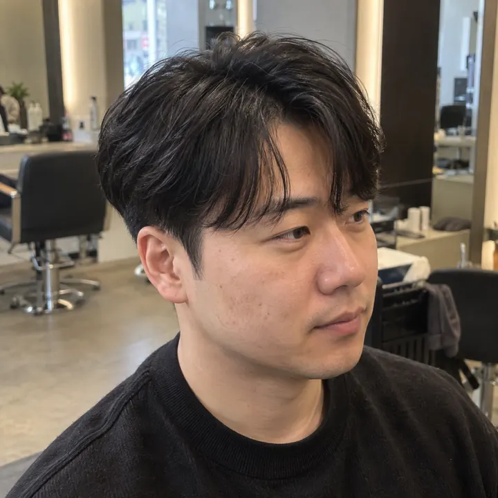 윗머리를 둥글게 남기고 옆머리를 자연스럽게 연결한 남성 소프트 투블럭